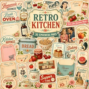 May include: A collection of retro kitchen-themed ephemera featuring illustrations of bread boxes, measuring spoons, cherries, pancakes, recipe cards, and vintage appliances with text including Retro Kitchen, Homemade Goodness, and Baking Day.