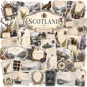 May include: A collection of 30 pages of paper ephemera featuring Scottish themes. Elements include illustrations of a red deer, highland cow, thistle, mountains, lochs, castles, a compass, and tartan patterns with text like Scotland, Highland Memories, and Wild & Free.