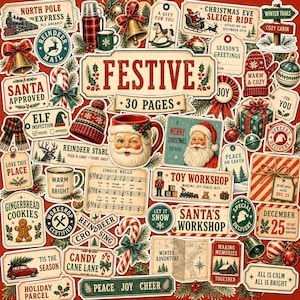 May include: A collection of vintage-style Christmas stickers featuring Santa Claus, reindeer, candy canes, gift tags, and festive text like North Pole Express, Toy Workshop, and Season's Greetings on a red background with various holiday motifs.