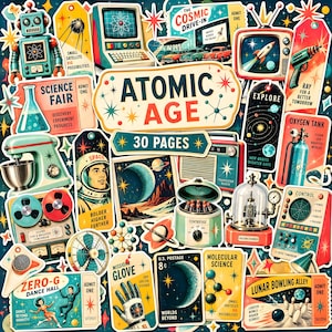 May include: A collection of retro-style stickers featuring Atomic Age imagery including a robot, a vintage computer, a space helmet, a centrifuge, a vacuum chamber, a mixer, a reel-to-reel tape recorder, and various space-themed labels and tickets.