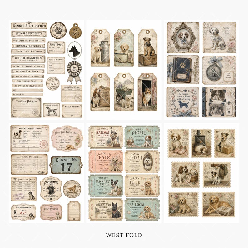May include: A collection of vintage-style paper ephemera featuring dog illustrations, kennel record forms, gift tags, and decorative labels. The set includes various canine breeds, ornate frames, postage stamp designs, and ticket stubs in muted tones.