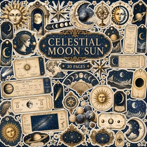 May include: A collection of 30 pages of celestial-themed stickers featuring suns, moons, planets, stars, and vintage-style diagrams. The designs include ornate frames, planetary transit tickets, and lunar node charts in navy blue and cream tones.