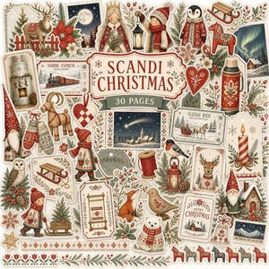 May include: A collection of Scandi Christmas themed paper cutouts featuring illustrations of reindeer, gnomes, children in winter clothing, a train, a thermos, a candle, and woodland animals, all arranged on a page labelled Scandi Christmas 30 Pages.