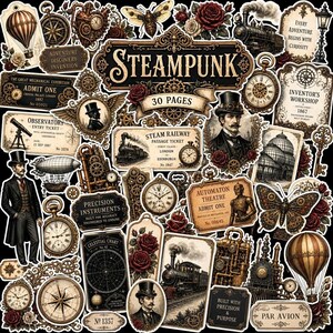 May include: A collection of stickers featuring steampunk imagery including a hot air balloon, pocket watches, a steam train, a person in a top hat, a butterfly, roses, and vintage-style tickets with text like Steampunk 30 Pages and Inventor's Workshop.