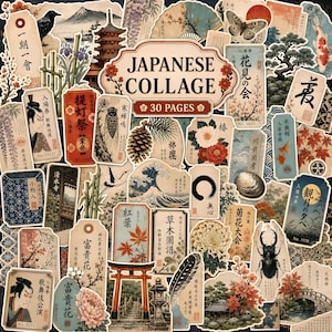Könnte beinhalten: Eine Sammlung von Papier-Ephemera mit japanisch inspirierten Illustrationen, darunter ein Torii-Tor, der Berg Fuji, Koi-Fische, Kirschblüten, ein Käfer und Kalligrafie-Text. Das zentrale Etikett trägt die Aufschrift JAPANESE COLLAGE 30 PAGES.