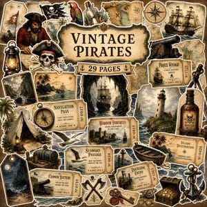 Può includere: Una collezione di 29 pagine di effimeri di carta a tema pirati vintage con illustrazioni di navi, teschi, bussole, fari, cannoni, forzieri e mappe con testo tra cui Vintage Pirates, Navigation Pass e Harbor Fortress.