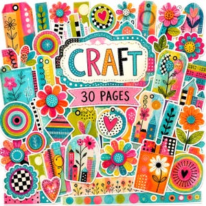 Könnte beinhalten: Eine Sammlung bunter Papierbastel-Elemente mit Blumen, Herzen, Häusern und geometrischen Mustern. Das zentrale Etikett zeigt den Schriftzug CRAFT 30 PAGES in bunten Buchstaben. Das Design umfasst leuchtendes Pink, Orange, Blau und Grün.