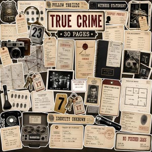 May include: A collection of true crime themed paper ephemera including police reports, evidence tags, suspect profiles, floor plans, a detective notebook, a vintage camera, a reel-to-reel tape recorder, a flashlight, and a rotary telephone.