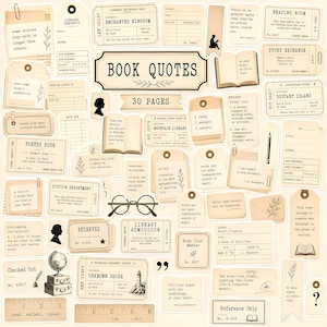 Utskrivbara citat från vintageböcker, litterära citat, boklig skräpjournal, bokephemerapaket, boklig scrapbookingkit, bibliotekskonstcollage
