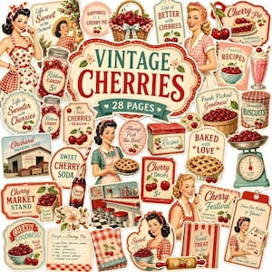 Può includere: Una collezione di carta effimera in stile vintage con illustrazioni a tema ciliegia, tra cui donne in abiti retrò, crostate, barattoli, schede ricette e insegne di mercato con testi come Vintage Cherries 28 Pages e Fresh Picked Goodness.
