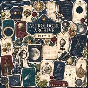 May include: A collection of stickers featuring celestial and astronomical themes, including illustrations of the moon, planets, telescopes, constellations, and vintage-style labels with text like Astrologer Archive and 30 Pages.