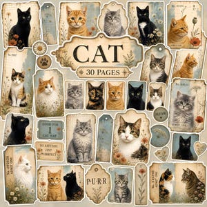 May include: A collection of vintage-style paper ephemera featuring various cat portraits, floral illustrations, and decorative tags. The set includes 30 pages with text elements like CAT, 30 PAGES, GOOD FOR 1 CAT NAP, NO REFUNDS JUST PURRRFECT, and P U R R.
