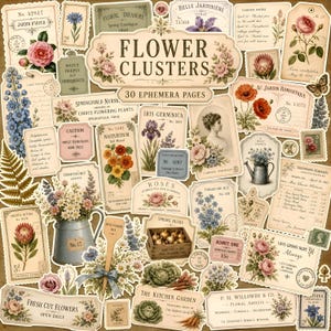 May include: A collection of 30 ephemera pages featuring vintage-style botanical illustrations, floral clusters, and garden-themed labels. The set includes various paper tags, postcards, and signs with text like Flower Clusters and Jardin d'Hiver.