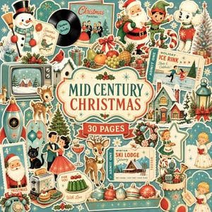 May include: A collection of vintage-style Christmas stickers featuring a snowman, Santa Claus, elves, a poodle, a deer, a retro television, a record, a toaster, and tickets labeled Mid Century Christmas, 30 Pages, Ice Rink, and Ski Lodge.