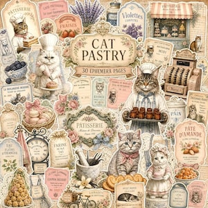 Può includere: Una collezione di 30 pagine di effimeri a tema pasticceria felina, che include illustrazioni di gatti con cappelli da chef, insegne di pasticceria vintage, testo in francese, accenti floreali, cestini di macaron e utensili da cucina.