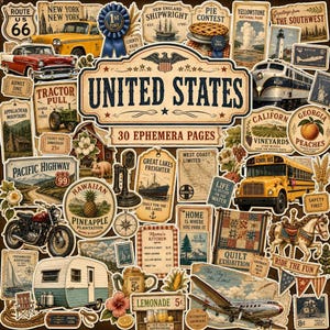 May include: A collection of 30 ephemera pages featuring vintage-style illustrations of United States landmarks, vehicles, and Americana. The collage includes a yellow school bus, a red car, a train, a motorcycle, a camper, and various retro signs.