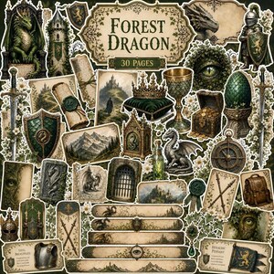 Può includere: Una collezione di adesivi a tema fantasy con un drago verde, un cavaliere, un castello, una corona su un cuscino, uno scrigno, un calice, una spada, uno scudo e pergamene con il testo Forest Dragon 30 Pages in stile vintage.