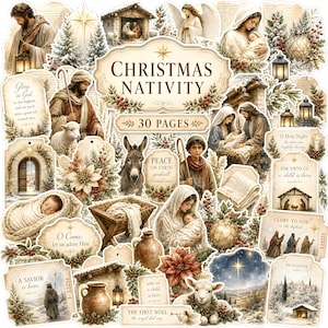Può includere: Una collezione di ritagli di carta a tema natività natalizia con illustrazioni della Sacra Famiglia, pastori, angeli, pecore, un asino e scene di stalle, con testo tra cui CHRISTMAS NATIVITY, 30 PAGES e vari versetti biblici.