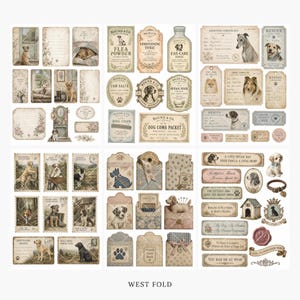 May include: A collection of vintage-style paper ephemera featuring dog-themed illustrations, including labels for Hound & Co. products, adoption certificates, postage stamps, decorative envelopes, and various canine portraits in sepia and muted tones.