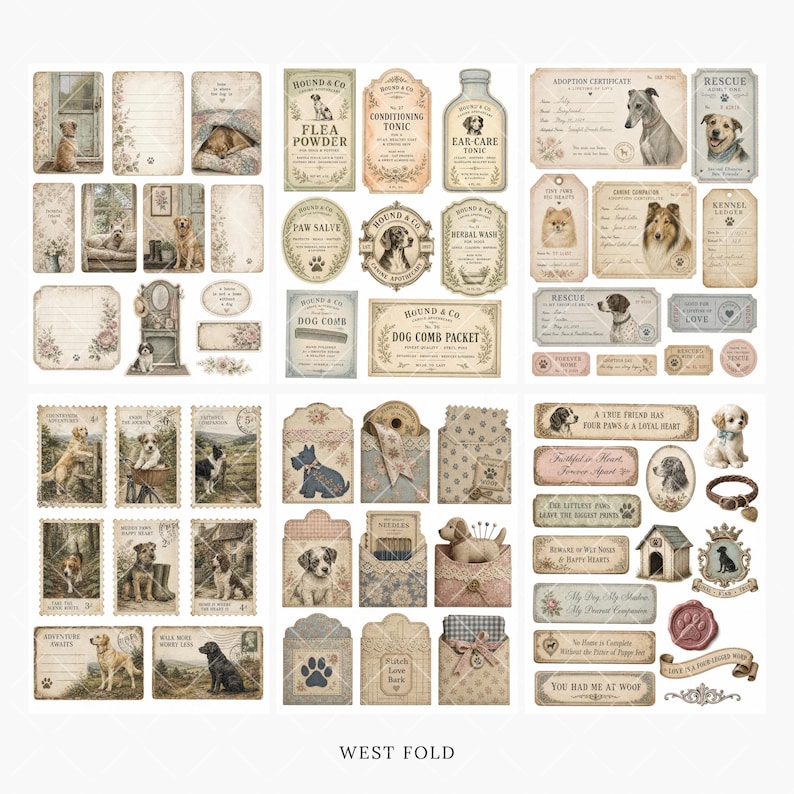 May include: A collection of vintage-style paper ephemera featuring dog-themed illustrations, including labels for Hound & Co. products, adoption certificates, postage stamps, decorative envelopes, and various canine portraits in sepia and muted tones.