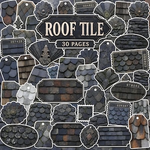 May include: A collection of 30 paper pages featuring various dark gray and brown roof tile patterns. The designs include scalloped, rectangular, and fan-shaped shingles, some with decorative fleur-de-lis accents and numerical labels printed on them.