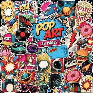 Puede incluir: Una colección de pegatinas de arte pop con una zapatilla azul, un planeta con anillos, un micrófono, una dona, un cohete, una hamburguesa, un astronauta, auriculares, una batería, un caballo de carrusel y el texto POP ART 28 PAGES.