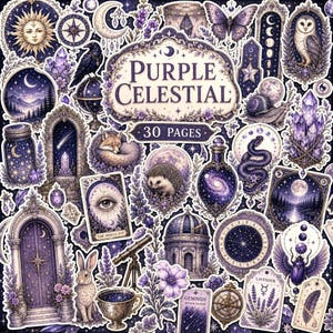 May include: A collection of purple-themed celestial stickers featuring illustrations of a sun, moon, owl, fox, hedgehog, rabbit, snake, beetle, crystals, tarot cards, a telescope, and a potion bottle with the text Purple Celestial 30 Pages.