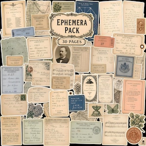 May include: A collection of vintage-style paper ephemera featuring 30 pages of assorted documents, including handwritten letters, maps, tickets, botanical illustrations, musical scores, and archival records in various shades of beige, cream, and blue.