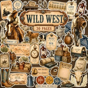 May include: A collection of Wild West themed stickers featuring a central sign, a person on horseback, a cowboy, a horse, a dog, a stagecoach, a lantern, a skull, boots, and various vintage-style labels with text like Wanted, Frontier, and Cowboy Up.
