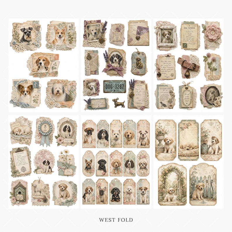 May include: A collection of vintage-style paper ephemera featuring various dog breeds, floral accents, lace textures, and decorative tags. The designs include printed text, script, and illustrations of puppies and adult dogs in muted, sepia-toned colours.