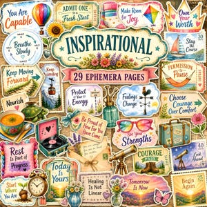 Puede incluir: Una colección de 29 páginas de efímera con diversas ilustraciones inspiradoras, que incluyen un globo aerostático, un velero, un tocadiscos vintage, un telescopio, una veleta y varios motivos florales con frases de texto motivadoras.