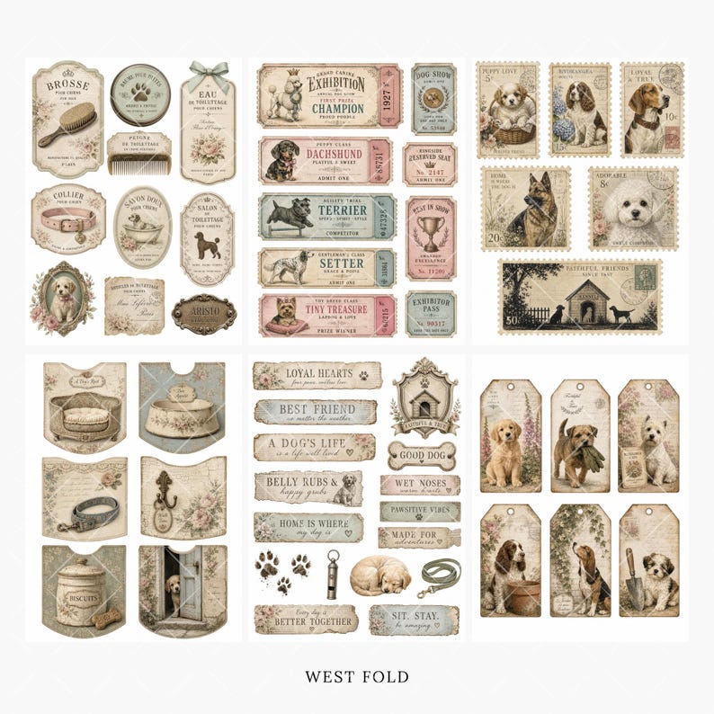 May include: A collection of vintage-style paper ephemera featuring dog-themed illustrations, including stamps, tags, and labels with various breeds, paw prints, and text like 'Loyal Hearts' and 'Best Friend' in muted sepia and soft pastel tones.