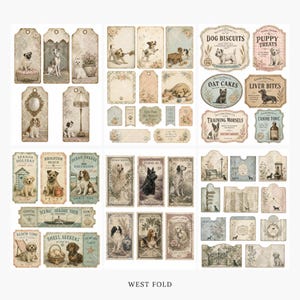 May include: A collection of vintage-style paper ephemera featuring various dog breeds, floral accents, and decorative labels. The set includes rectangular tags, postage stamp designs, and rectangular signs with text like Dog Biscuits and Puppy Treats.