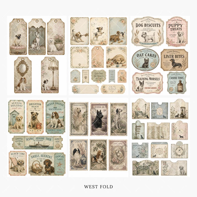 May include: A collection of vintage-style paper ephemera featuring various dog breeds, floral accents, and decorative labels. The set includes rectangular tags, postage stamp designs, and rectangular signs with text like Dog Biscuits and Puppy Treats.