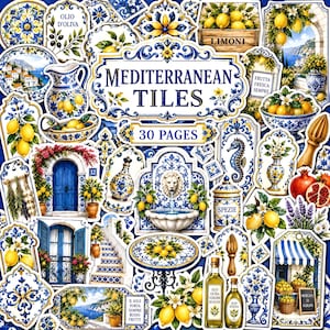 May include: A collection of 30 pages featuring Mediterranean-themed illustrations, including blue and white ceramic tiles, lemon motifs, olive oil bottles, fountains, coastal architecture, and floral arrangements with text labels like Mediterranean Tiles.