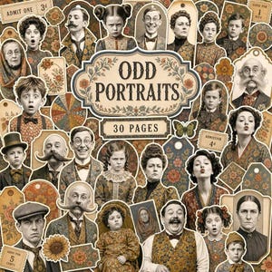 May include: A collection of vintage-style portraits featuring various individuals in sepia tones, arranged in a collage with floral patterns and tags. The central label reads ODD PORTRAITS 30 PAGES. The design includes ticket stubs and butterflies.