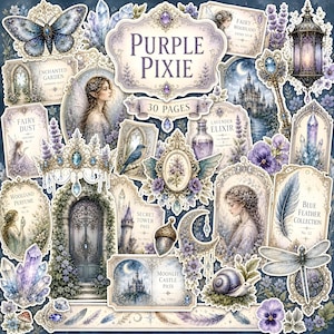 Puede incluir: Una colección de 30 páginas de efímeros de papel con temática Purple Pixie que incluye ilustraciones de hadas, marcos ornamentados, cristales, una linterna, un caracol, una libélula, una mariposa y etiquetas con texto como Fairy Dust y Lavender Elixir.