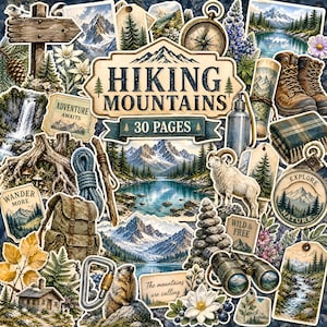 May include: A collection of stickers featuring hiking and mountain themes, including illustrations of a bighorn sheep, a compass, binoculars, a backpack, hiking boots, a wooden sign, and text that reads HIKING MOUNTAINS 30 PAGES.