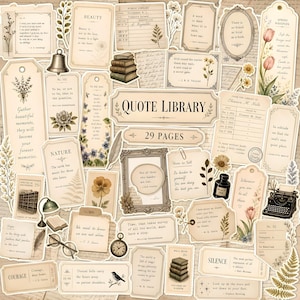 Pode incluir: Uma coleção de 29 adesivos em estilo vintage com citações literárias, cartões de biblioteca, ilustrações botânicas, uma máquina de escrever, um tinteiro, um sino e óculos em uma paleta de cores bege e sépia neutras.