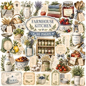 Peut inclure: Une collection d'autocollants découpés sur le thème de la cuisine rustique, illustrant une balance, des paniers de produits, des pots d'épices, des herbes, un beurrier et des étiquettes avec le texte Farmhouse Kitchen et 30 Pages.
