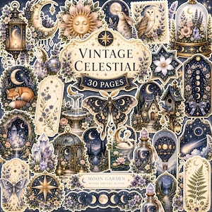 May include: A collection of 30 pages of Vintage Celestial Moon Garden stickers featuring illustrations of moons, stars, moths, owls, foxes, crystals, lanterns, and botanical elements in a dark blue and gold color palette with floral accents.