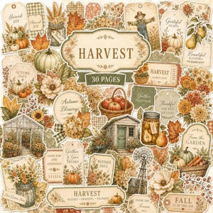 May include: A collection of harvest-themed paper ephemera featuring pumpkins, sunflowers, mason jars, and garden structures. The designs include tags and labels with text such as Harvest, 30 Pages, Autumn Blessings, and Grateful Hearts in warm autumn tones.