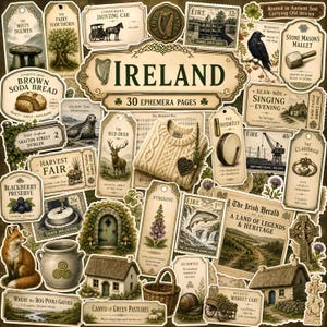 Puede incluir: Una colección de 30 páginas de efímera de estilo vintage con temas irlandeses, que incluye ilustraciones de un suéter de punto trenzado, un zorro, una casa de piedra, un bodhran, un arpa, un salmón, una foca, un ciervo y etiquetas de texto.