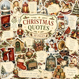 May include: A collection of Christmas-themed paper cutouts featuring a central sign reading CHRISTMAS QUOTES 30 PAGES, surrounded by illustrations of a nutcracker, snowman, angel, vintage radio, mailbox, rocking horse, and various holiday quotes.
