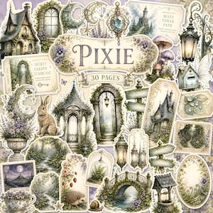 Puede incluir: Una colección de 30 páginas de papel efímero con ilustraciones de una cabaña, un conejo, un erizo, un puente de piedra, faroles y elementos de jardín. La etiqueta central dice Pixie 30 Pages, rodeada de motivos florales y botánicos.