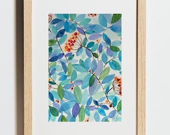 Stampa ad acquerello con fogliame blu / Arte botanica da parete / Download immediato / Studio ReM