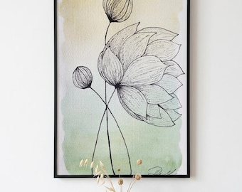 Lámina de acuarela de loto salvia / Arte mural botánico lineal / Descarga instantánea / Studio ReM