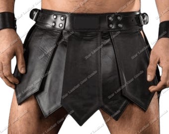 Men's Black Leather Gladiator Kilt | Roman Warrior Style Skirt, Handmade Costume Wear