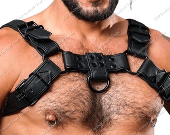 Men's Black Leather Chest Harness | Adjustable Shoulder Strap, Plus Size Gear