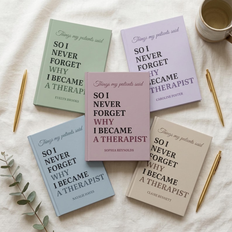 May include: Five hardcover journals in sage green, lavender, dusty rose, light blue, and beige. Each cover features the text "Things my patients said SO I NEVER FORGET WHY I BECAME A THERAPIST" and a unique author name printed in black ink.
